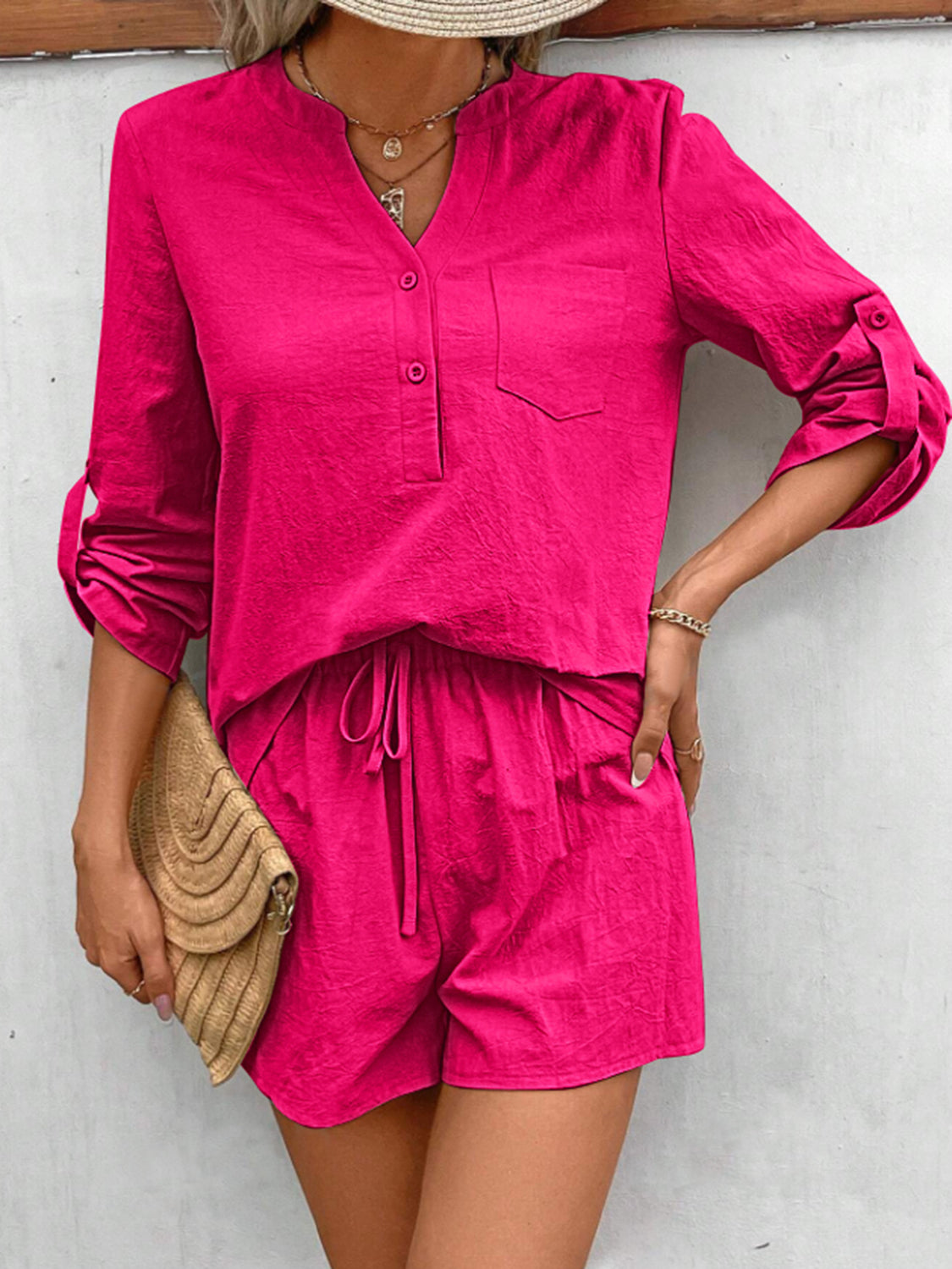 Buttoned Notched Long Sleeve Top and Shorts Set