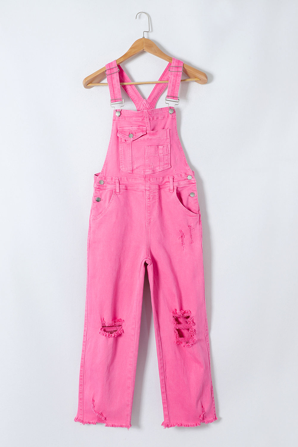 Fuchsia Pink Distressed Pocketed Wide Strap Denim Overalls