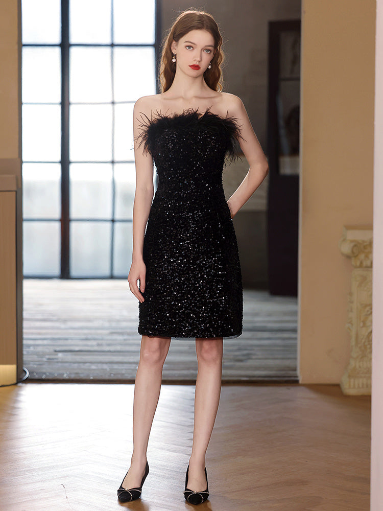 Black Feather Sequins Off-shoulder Banquet Evening Dress