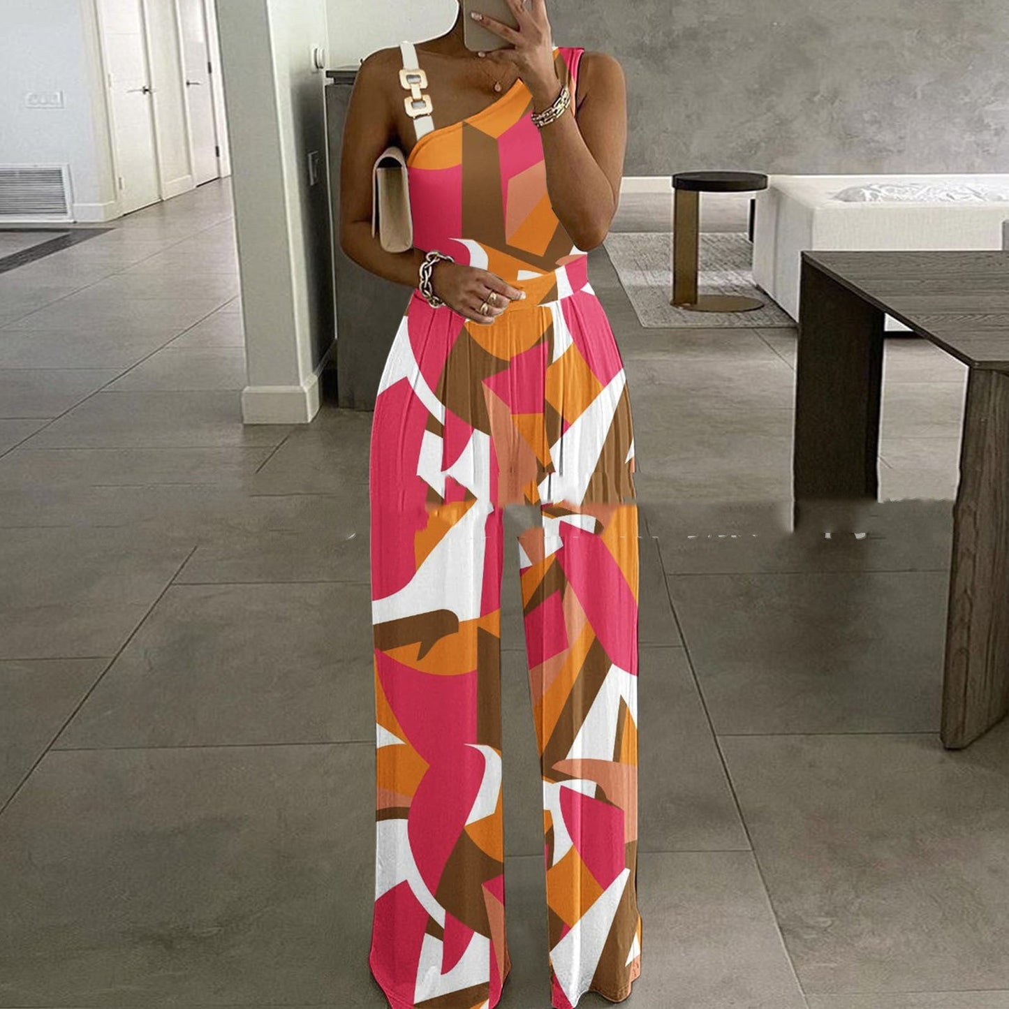 Gold Metal Buckle Vest Top High Waist Wide Leg Jumpsuit