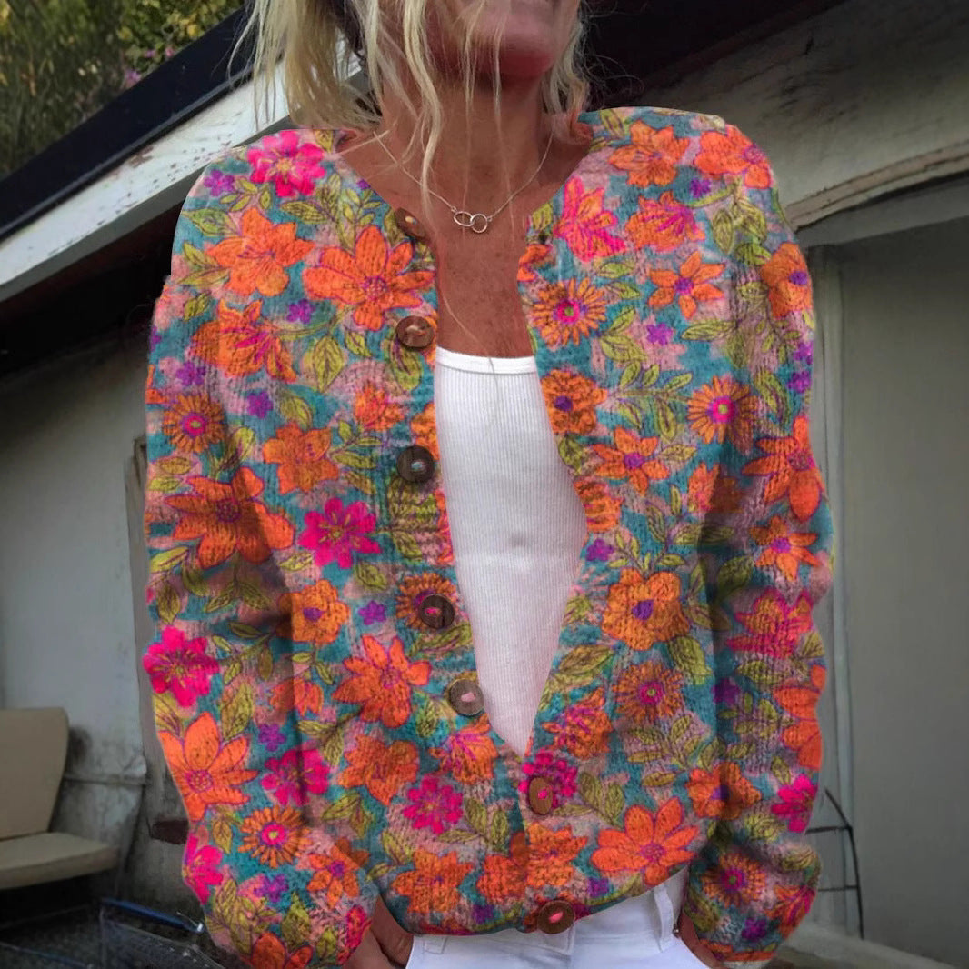 3D Flower Digital Effect Printing Knitted  Cardigan Knitted