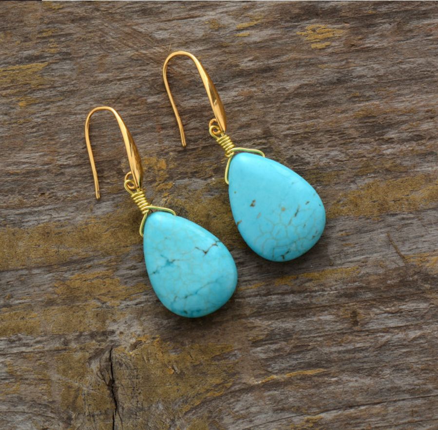 Boho Genuine Turquoise Teardrop Vintage Earrings.