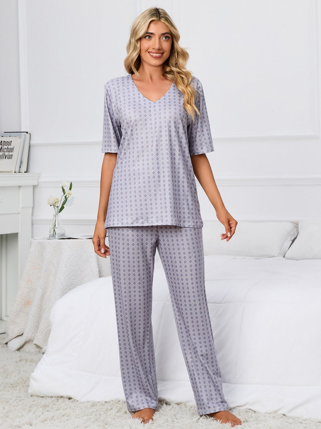 Calm Comfort Printed V-Neck Top and Pants Lounge Set