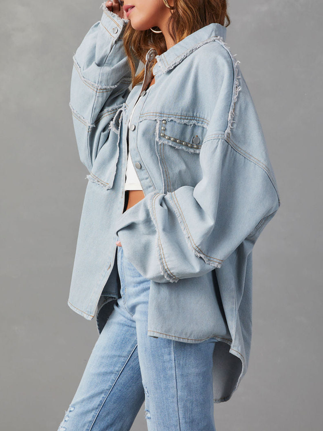 Versatile  Button Down Raw Hem Denim Jacket-Shirt