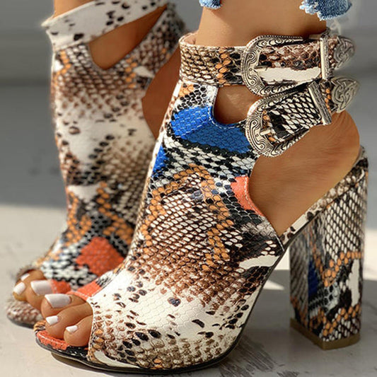 Snake Skin Buckle Open Toe High Heels