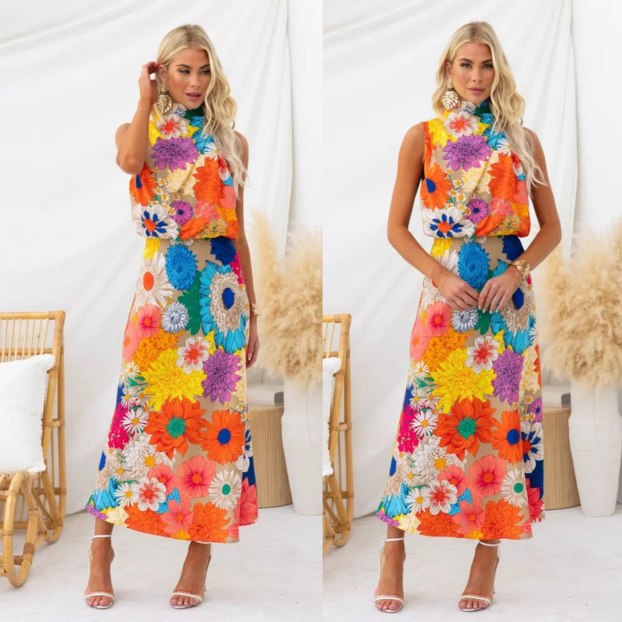 Lucky Floral Sleeveless Halter Waist-Tight Long Dress