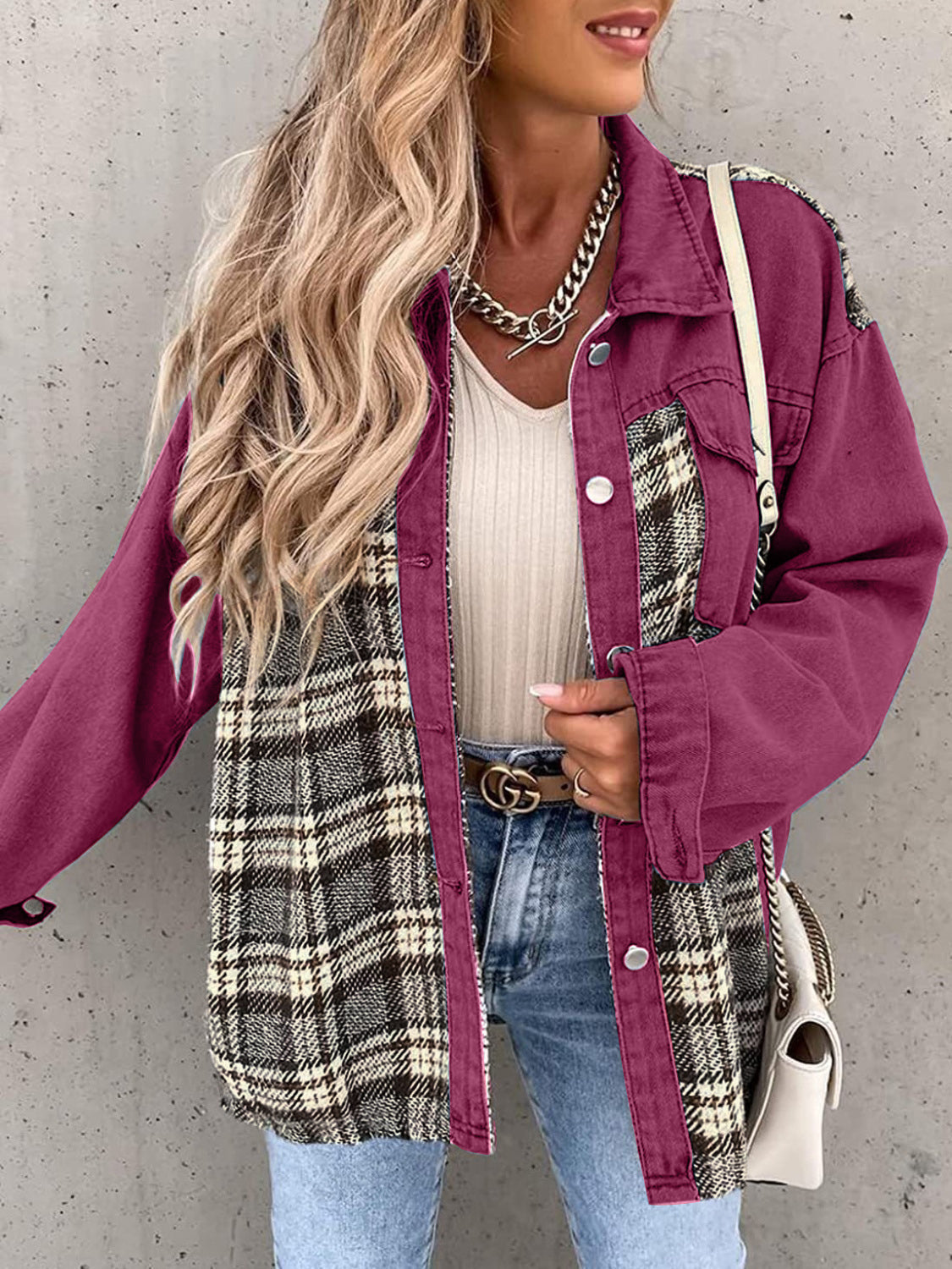 Black White Plaid Button Up Dropped Shoulder Denim Jacket