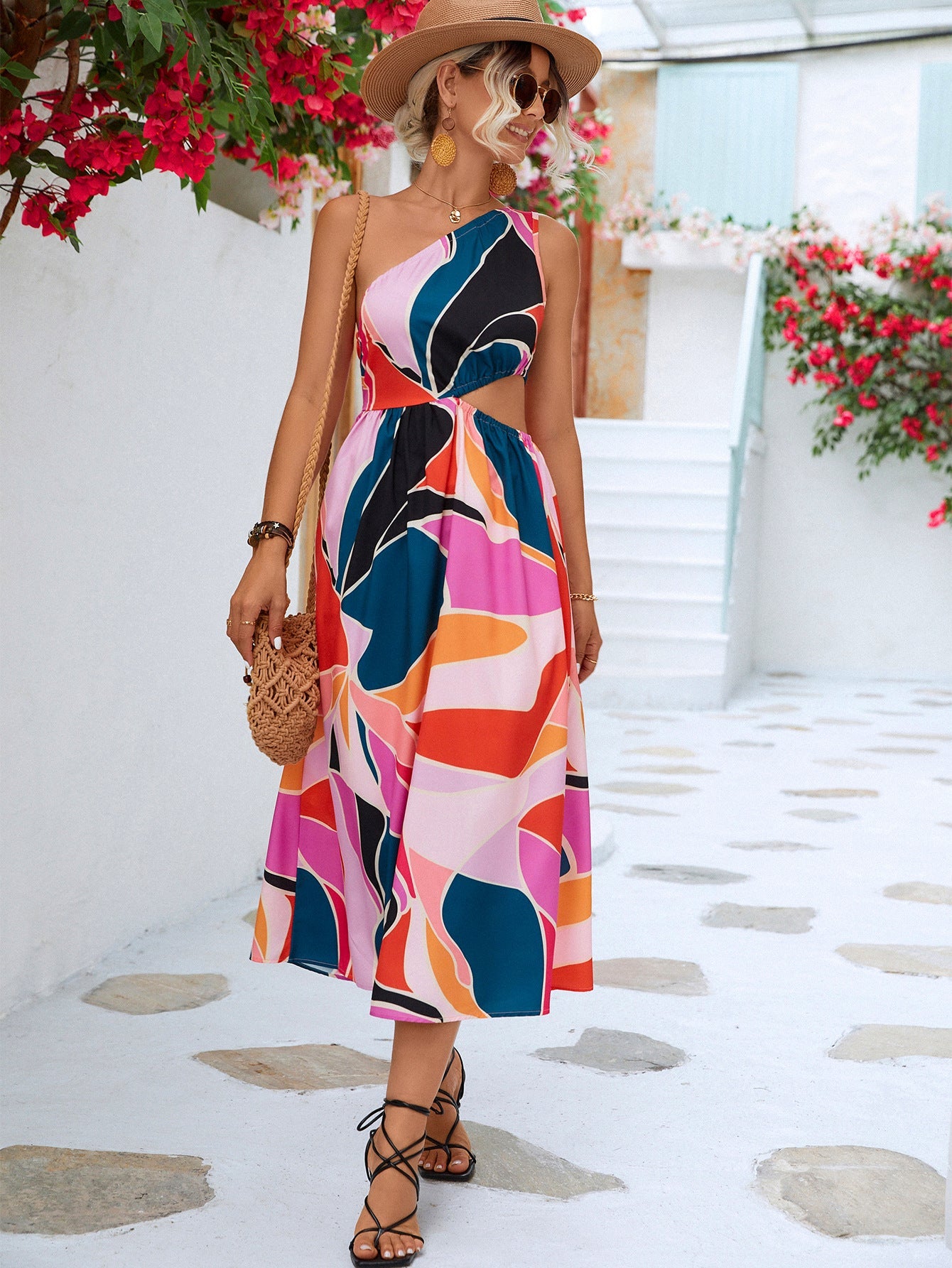 Vibrant Forest Cutout One-Shoulder Sleeveless Dress