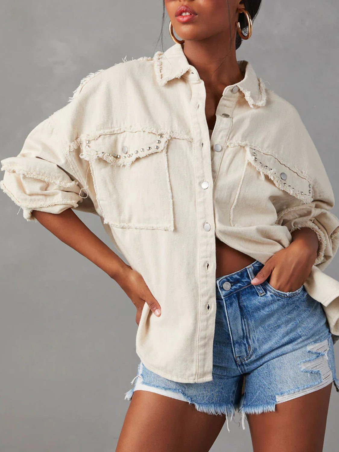 Versatile  Button Down Raw Hem Denim Jacket-Shirt