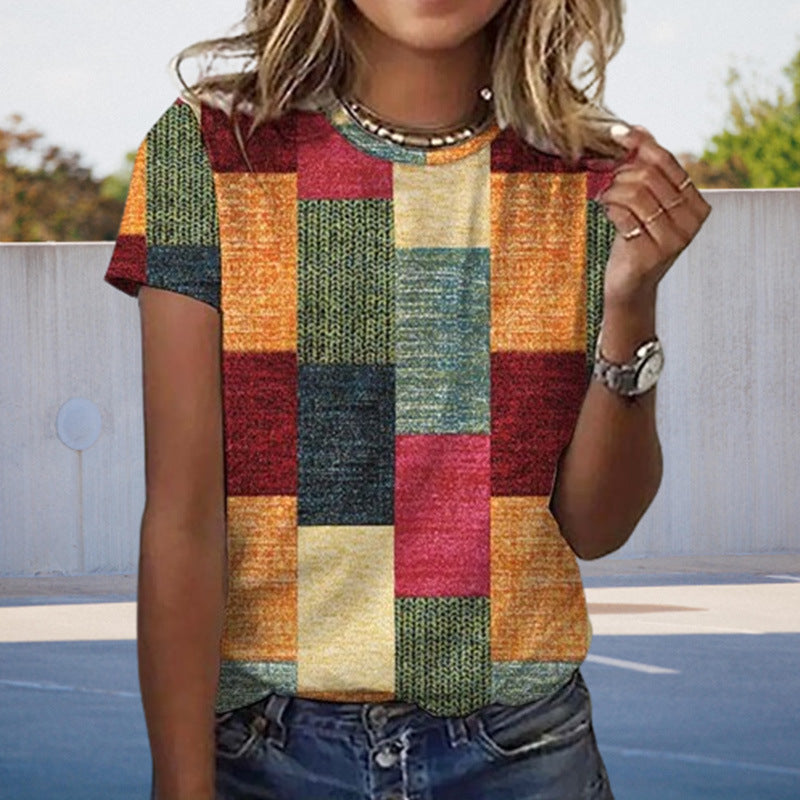 Checkered Short Sleeve Round Neck Top with Contrast Color