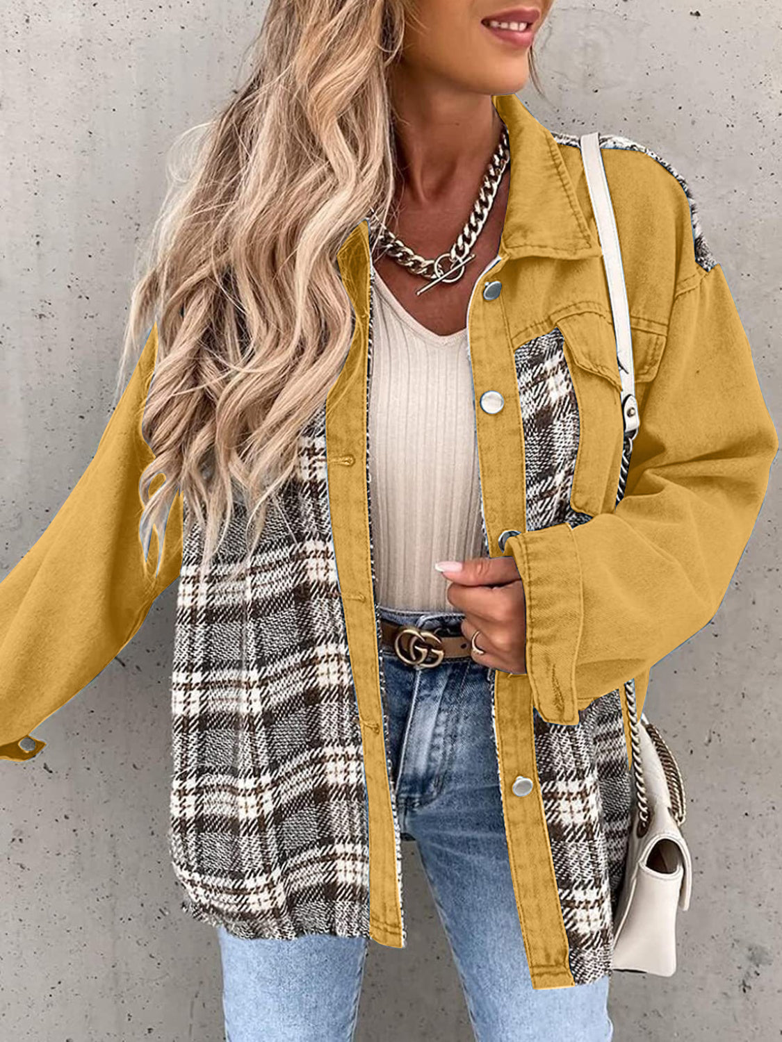 Black White Plaid Button Up Dropped Shoulder Denim Jacket