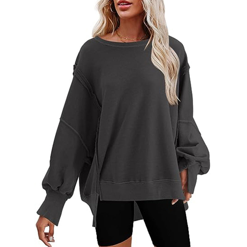 Sweatshirt Loose Round Neck Side Slit Long Sleeves Pullover Top