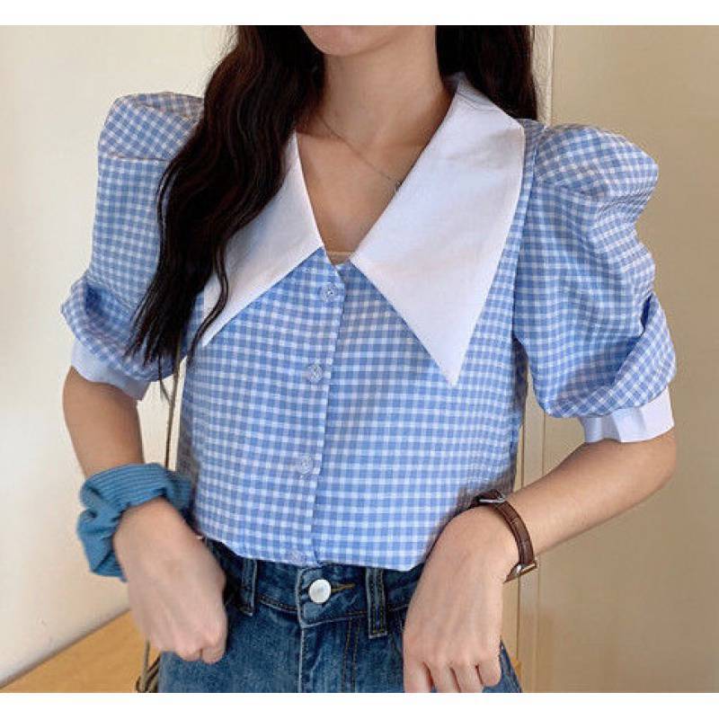 French Flair Puff Sleeve Plaid Shirt