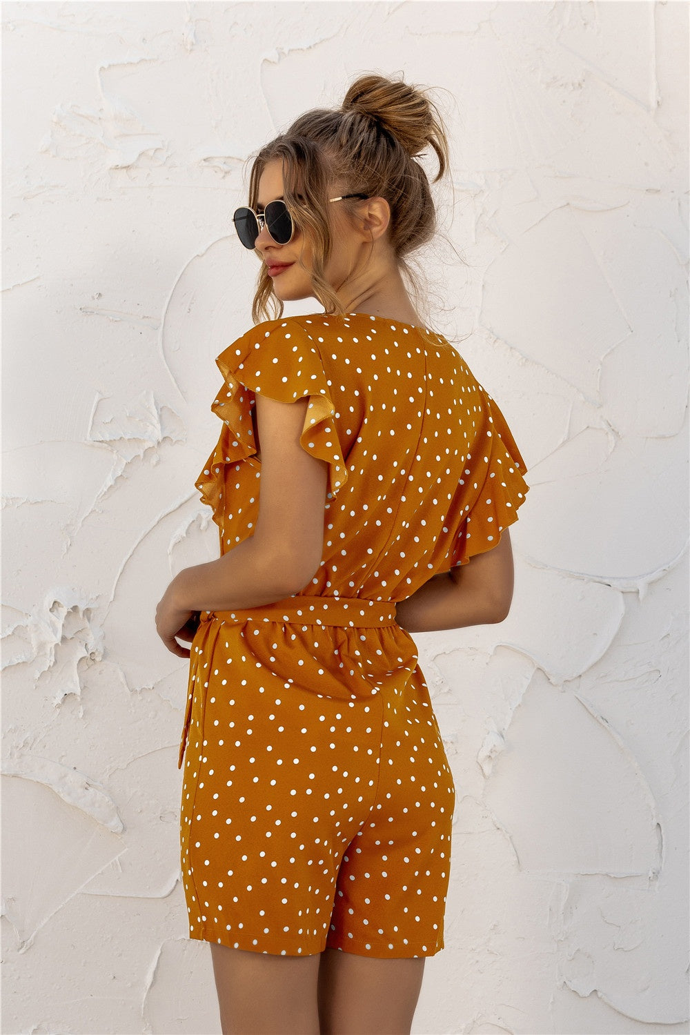 Dotty Vibes Ruffled Polka Dot Half Button Romper