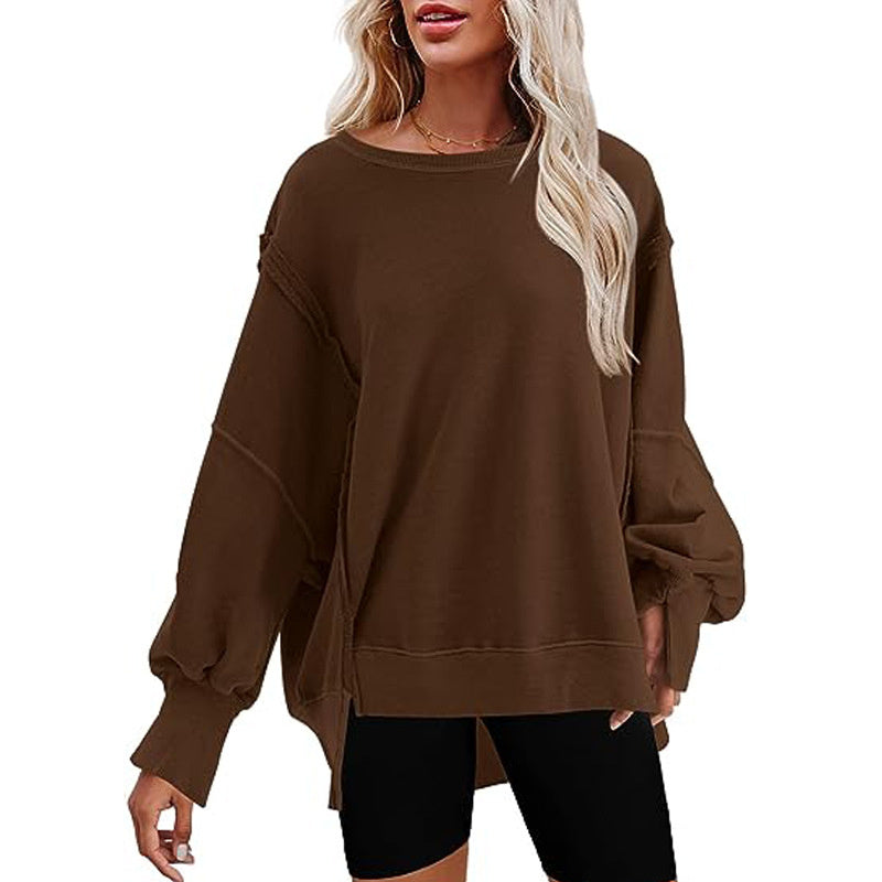 Sweatshirt Loose Round Neck Side Slit Long Sleeves Pullover Top