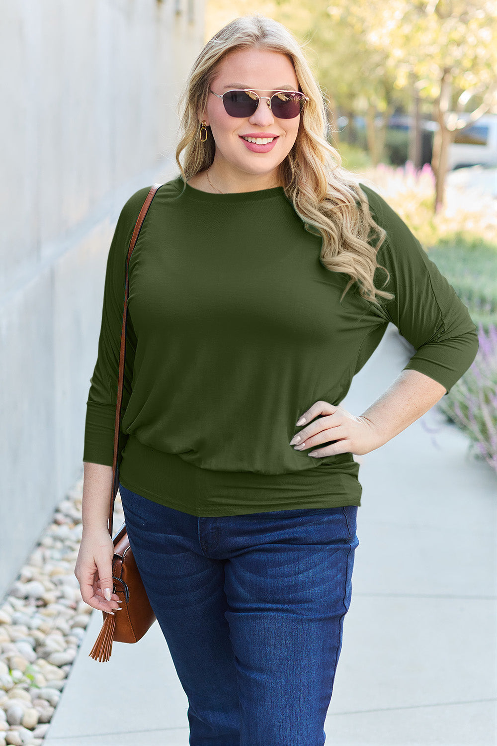 NuMi Basic Bae Full Size Round Neck Blouse & Batwing Sleeve