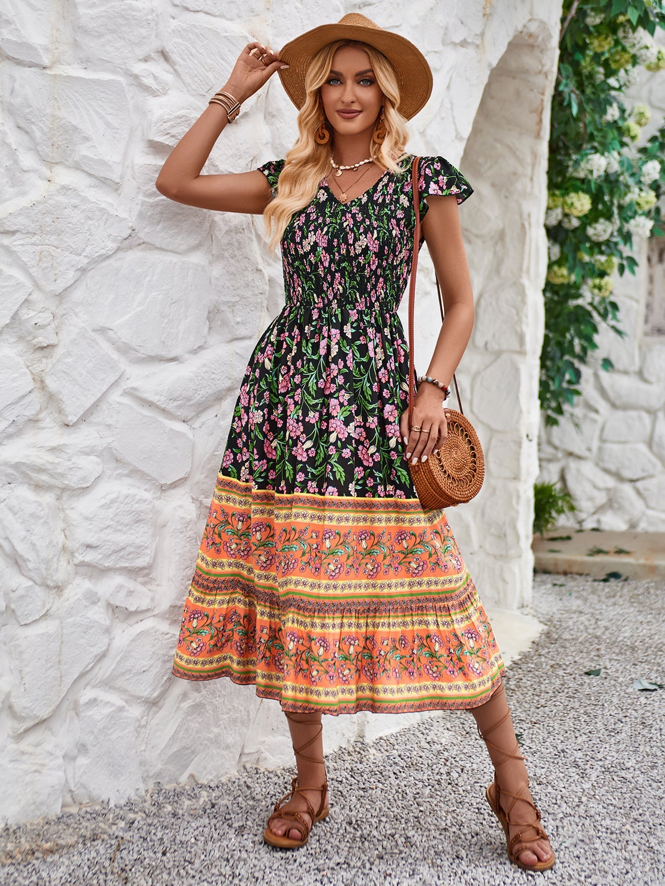Tropical Floral Ruffled Sleeve V-neck Dress