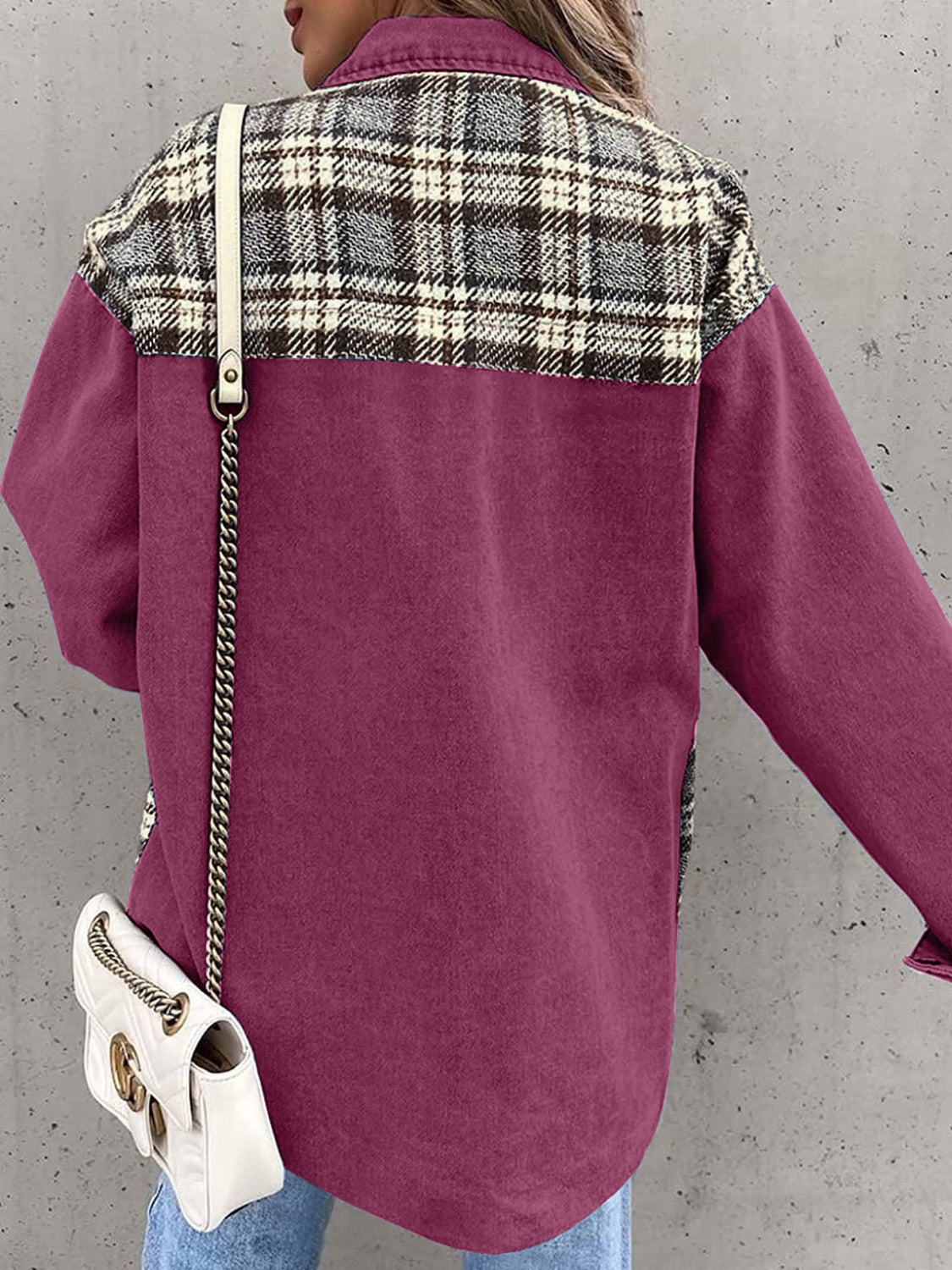 Black White Plaid Button Up Dropped Shoulder Denim Jacket