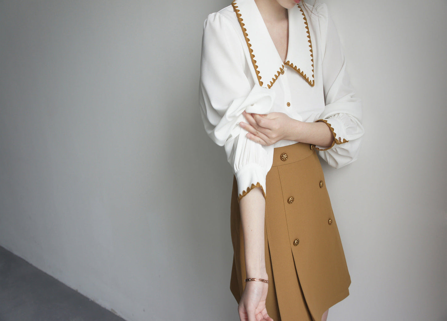 Vintage Yellow Line Long Sleeve Big Lapel V Neck Shirt