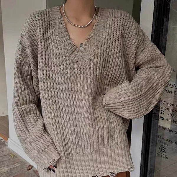 Oversize V-Neck Knitwear Pullover Sweater-One Size