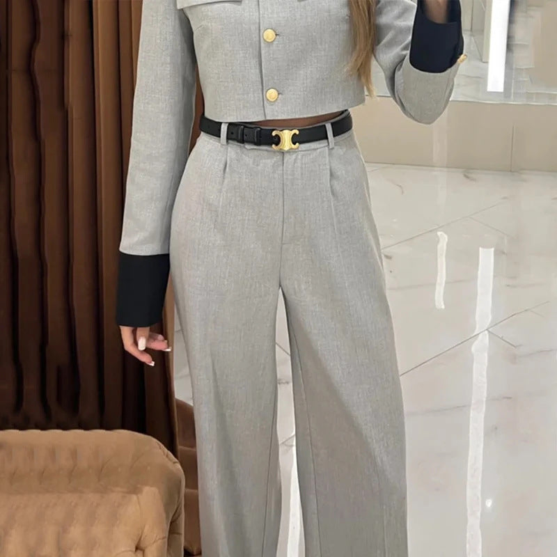 Bold Gray Buttoned Top Wide-leg Pants  2 Piece Set