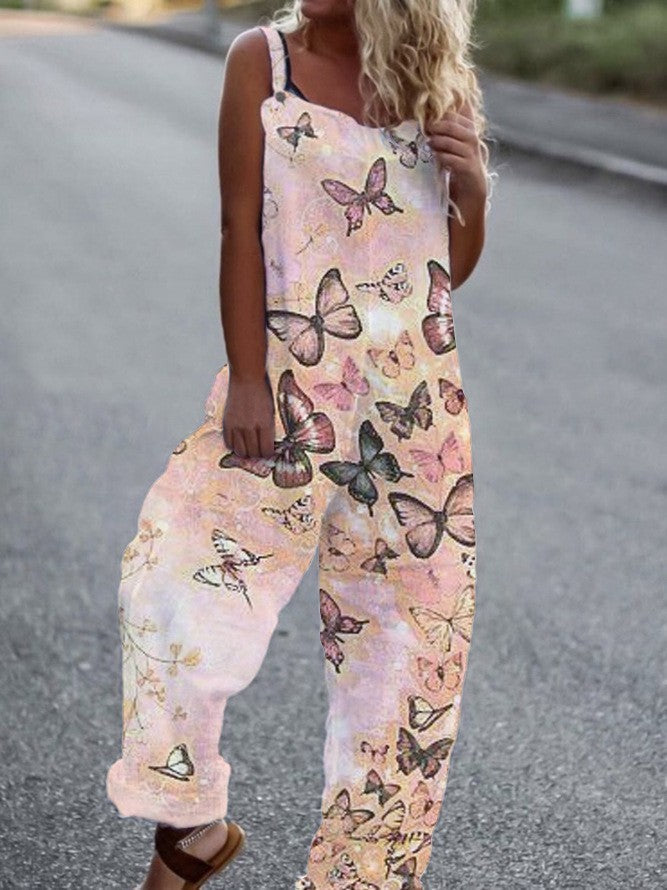 Floral Printed Loose Cotton And Linen Suspenders