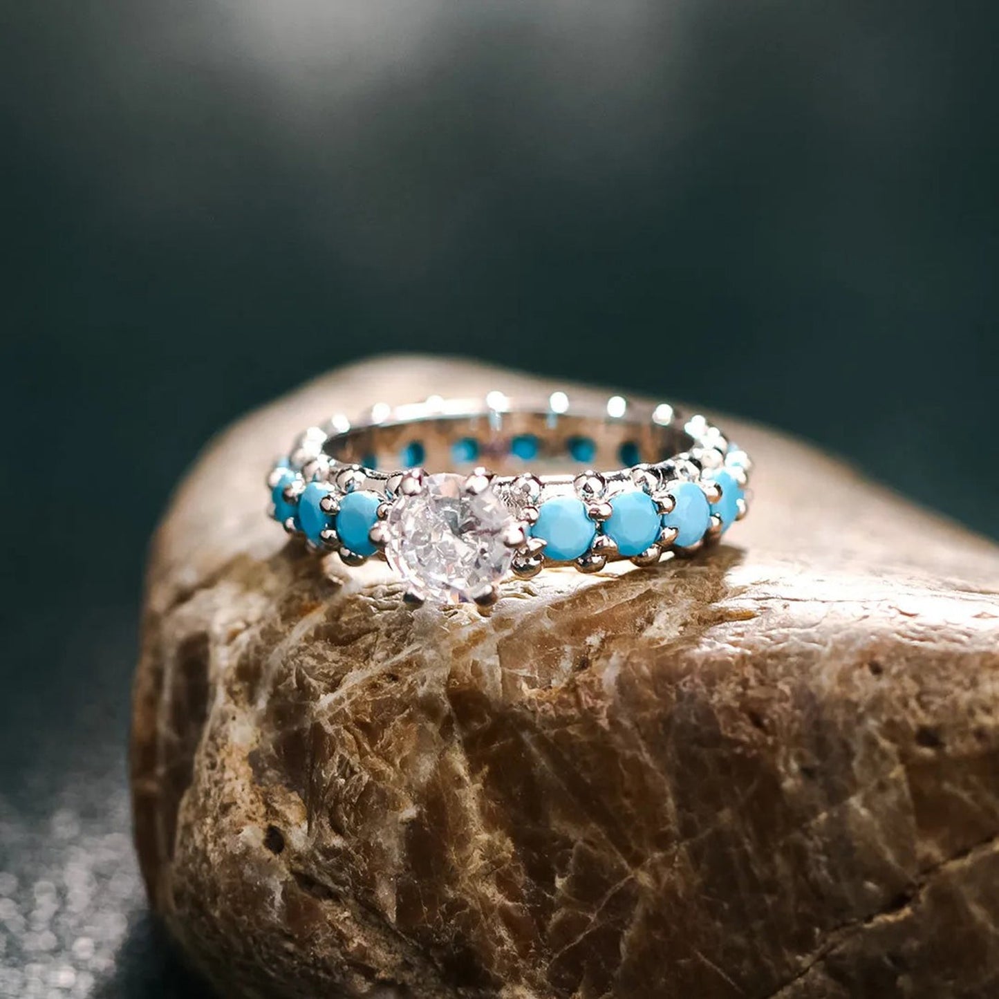 Inlaid Boho Chic Turquoise & CZ Sterling Silver Ring.