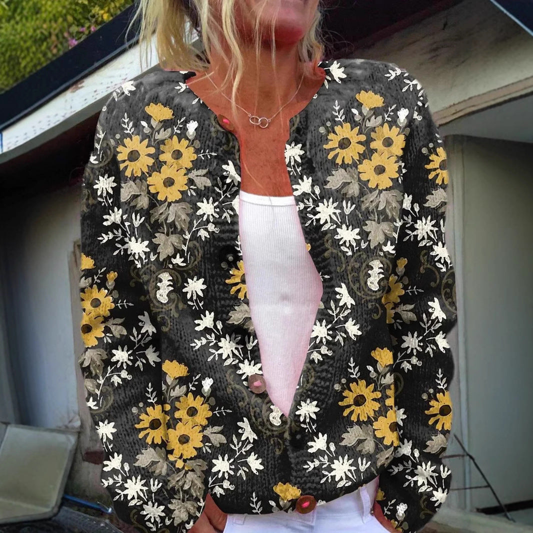 3D Flower Digital Effect Printing Knitted  Cardigan Knitted