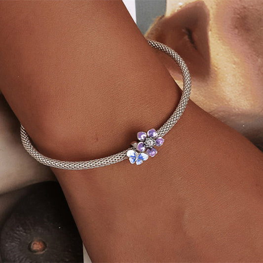 Sterling Silver Round mesh Bracelet with Colorful Flower Accent Beads.