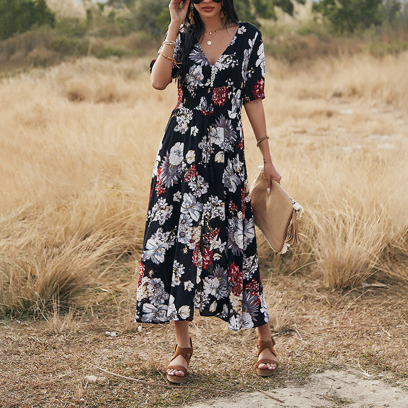 Floral V Neck Elastic Waist Summer Dress