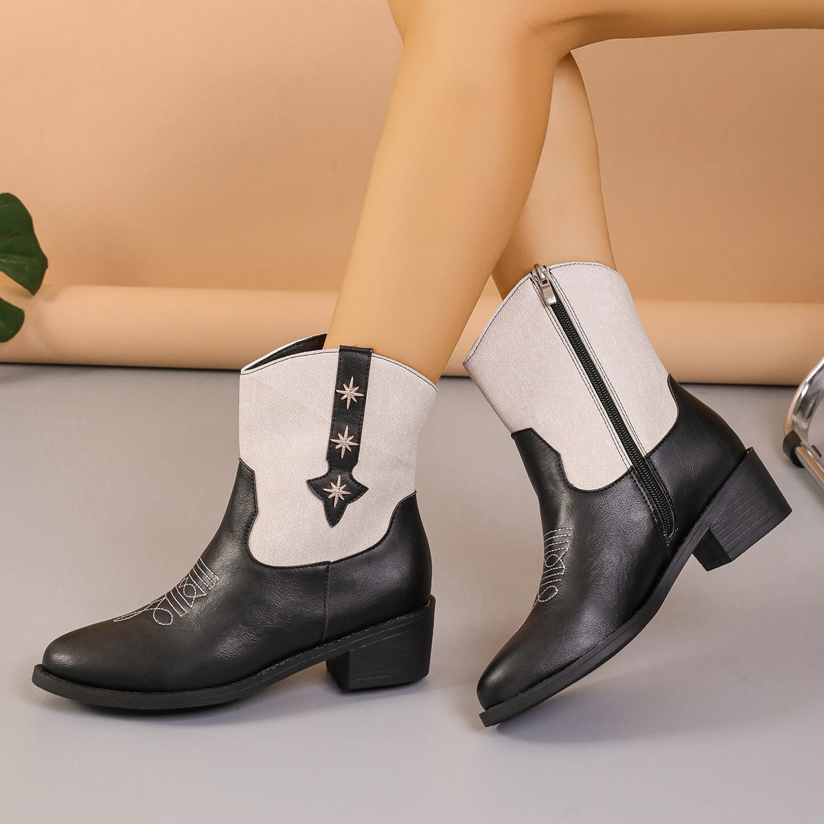 Retro Chelsea Denim Patchwork Western Cowboy Boots