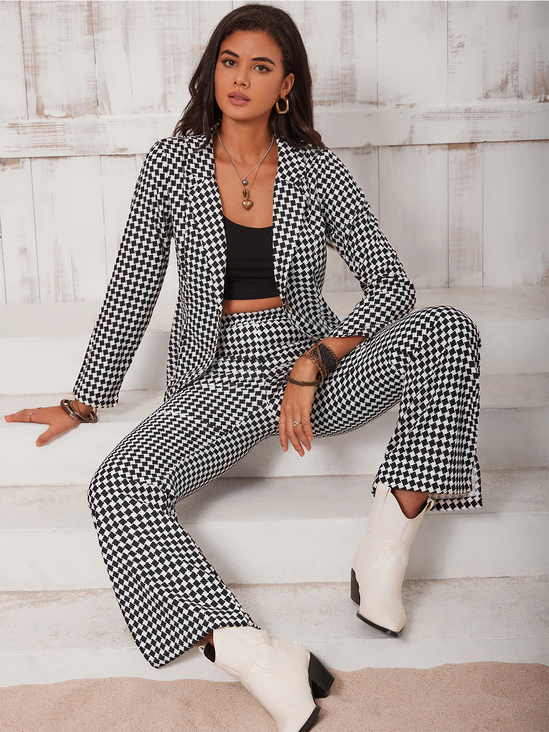 Classic Checkered Blazer & Slit Pants Set