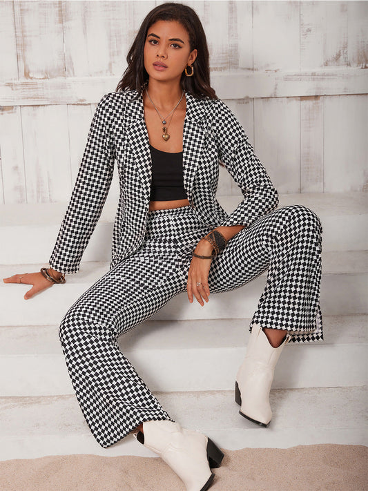 Classic Checkered Blazer & Slit Pants Set