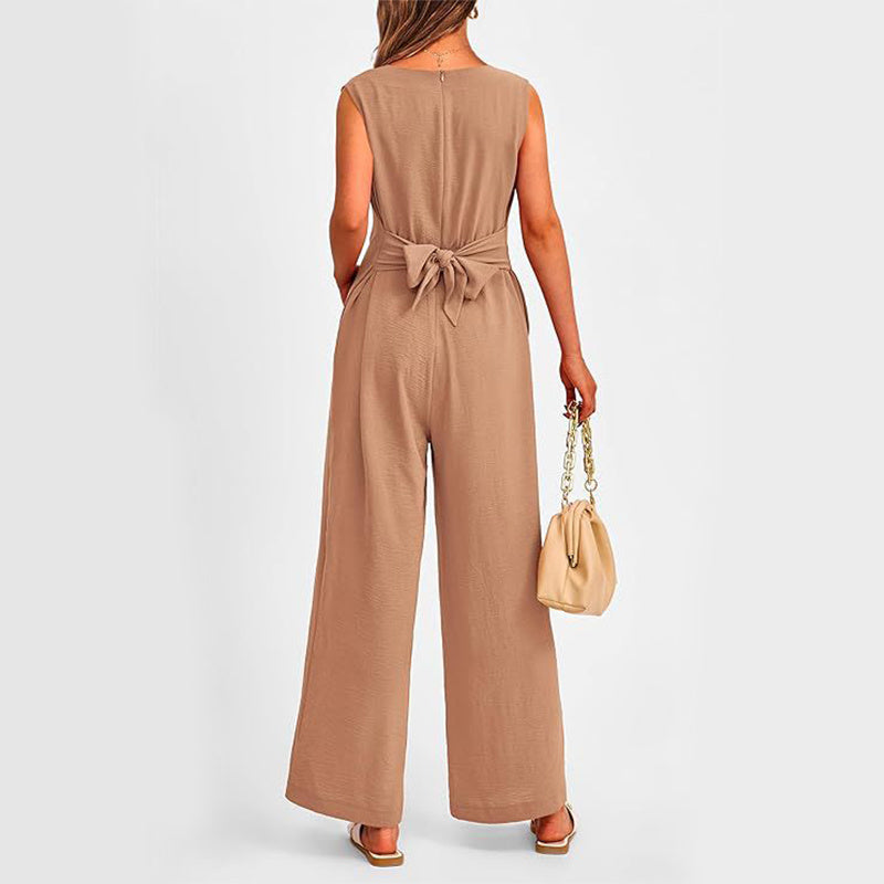 Summer Women V-neck Long Wide-Leg  Jumpsuit w/ Pockets