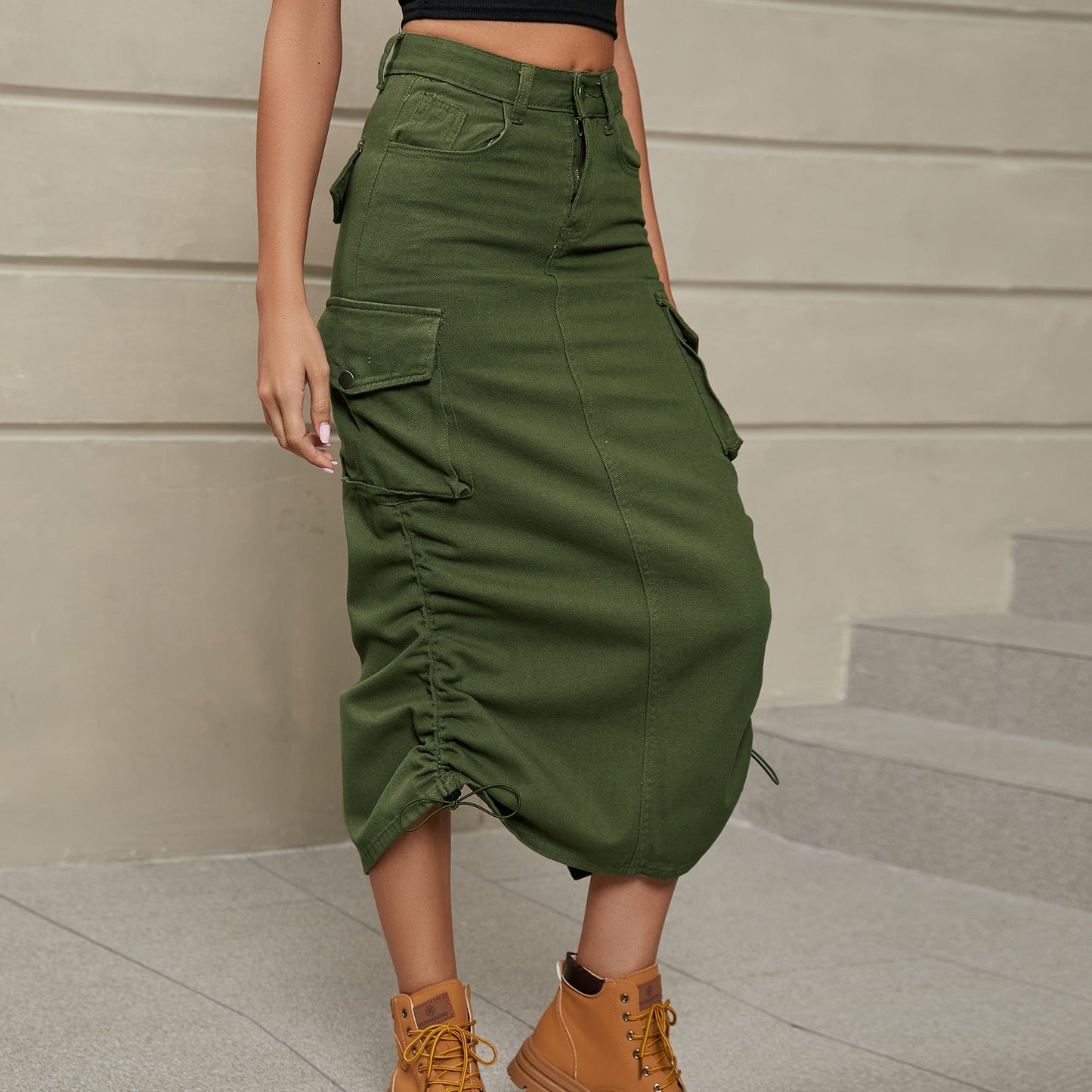City Scene Drawstring Ruched Denim Midi Skirt