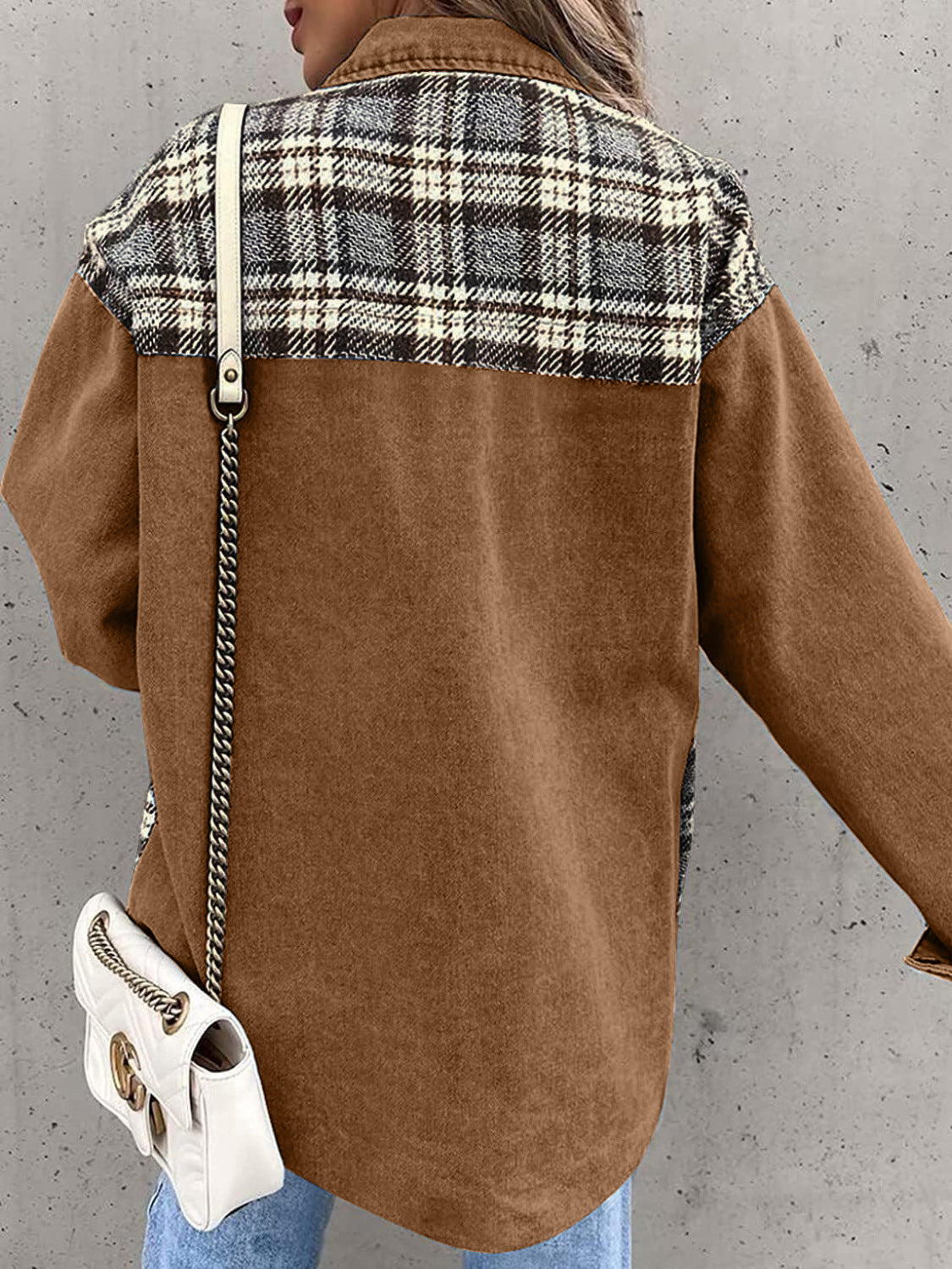 Black White Plaid Button Up Dropped Shoulder Denim Jacket