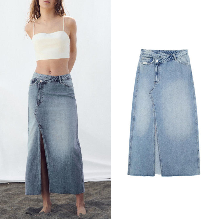 Blue Denim  Diagonal Patchwork Mid Rise  Skirt