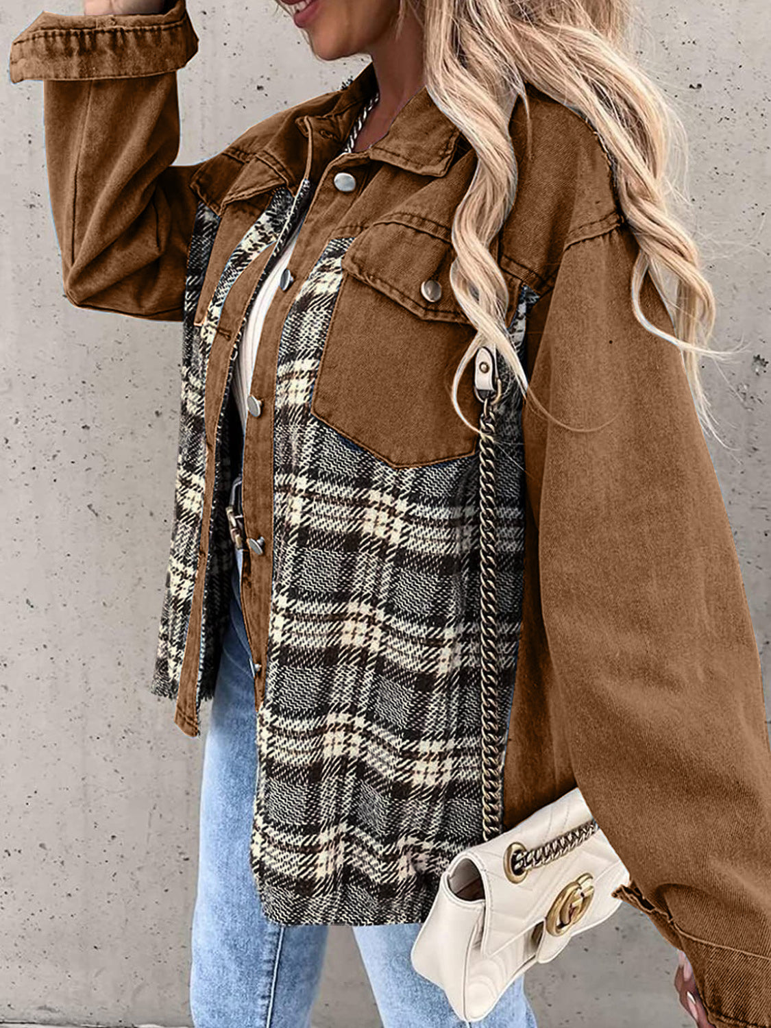 Black White Plaid Button Up Dropped Shoulder Denim Jacket