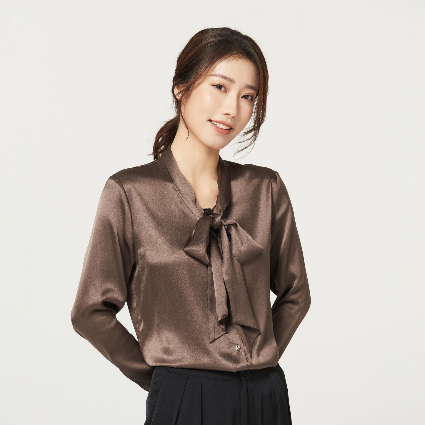 Luxurious Silk Long Sleeve Bow Knot Shirt