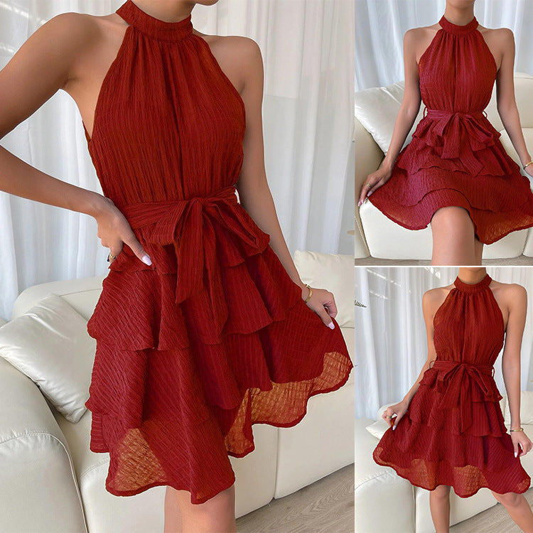 Elegant Ruffle Halterneck  Sleeveless Dress