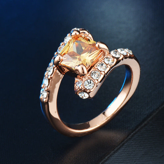 Rose Gold Plated Amber Square Cut Crystal Ring.