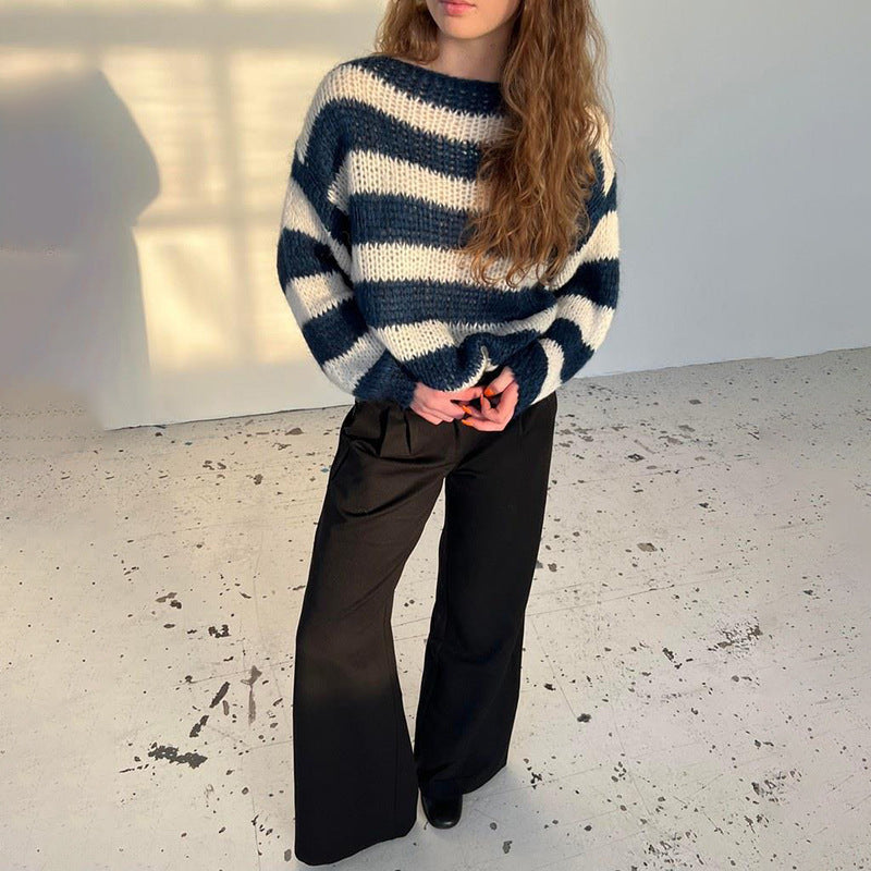 Versatile: Knitted  Loose Striped Pullover Sweater with Long-Sleeved