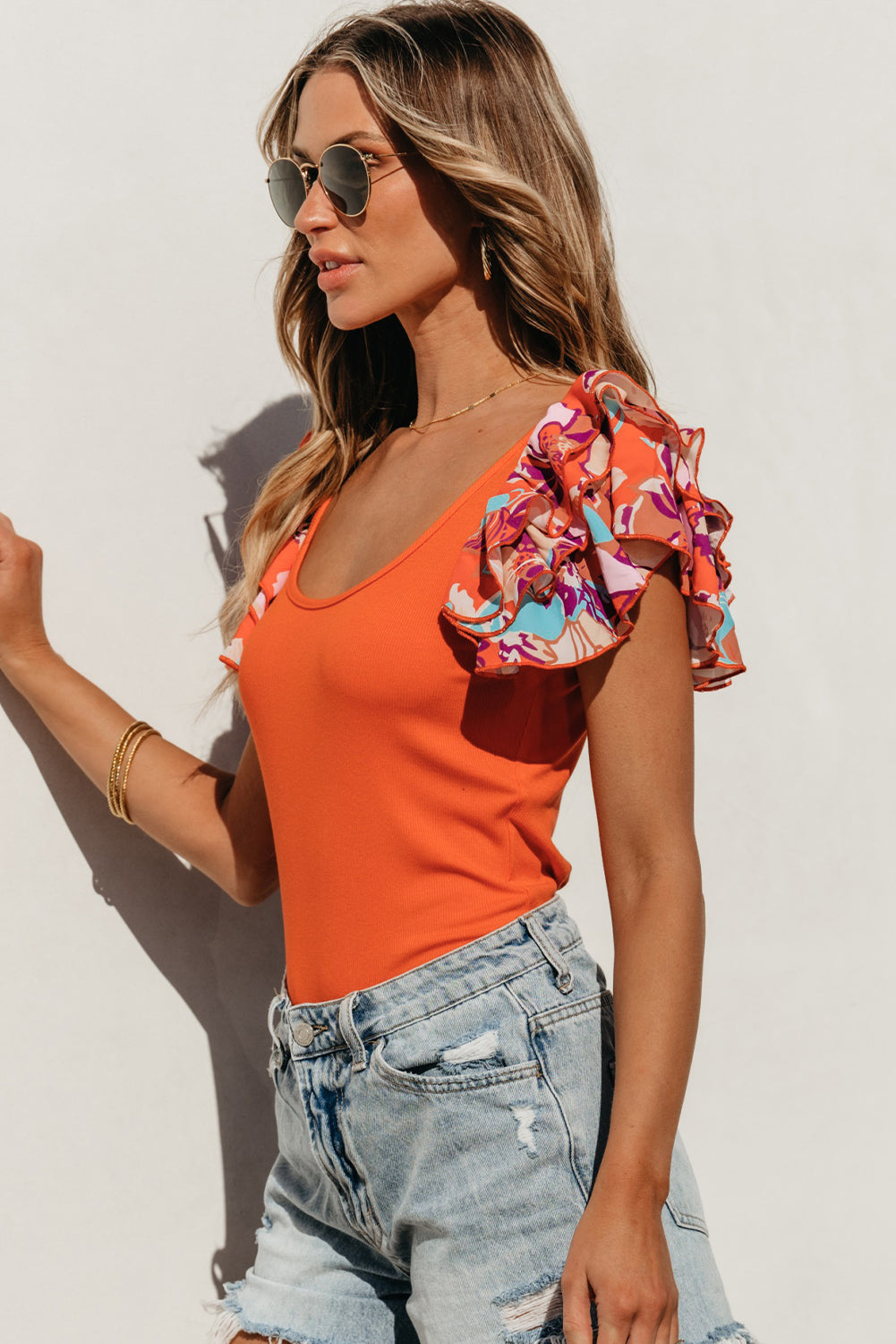 Feminine Frills Scoop Neck Flounce Sleeve Top