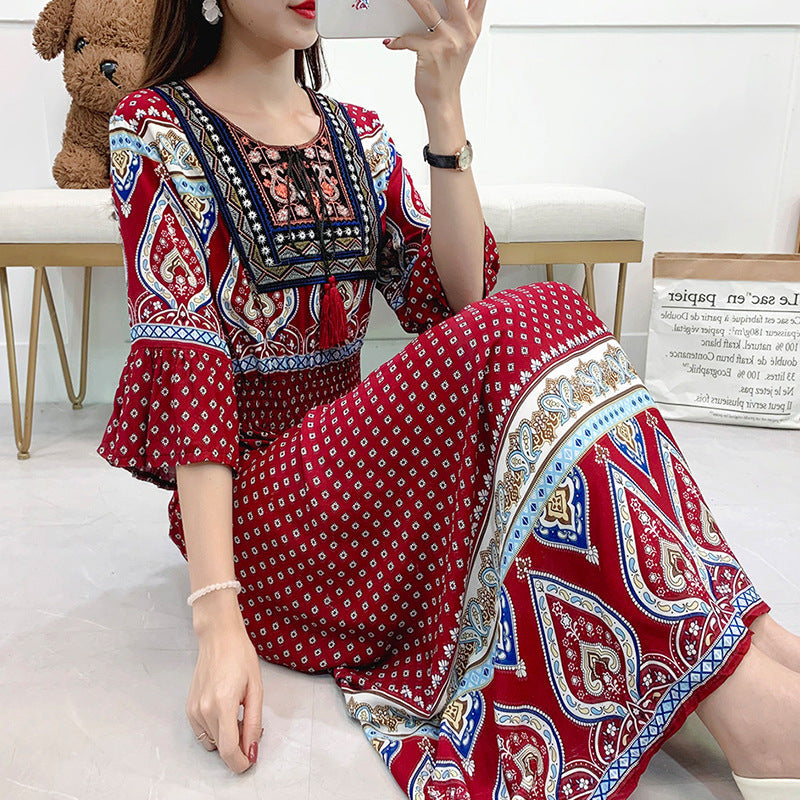 Artsy Crew Neck Ruffle Half Sleeve Silky Dress