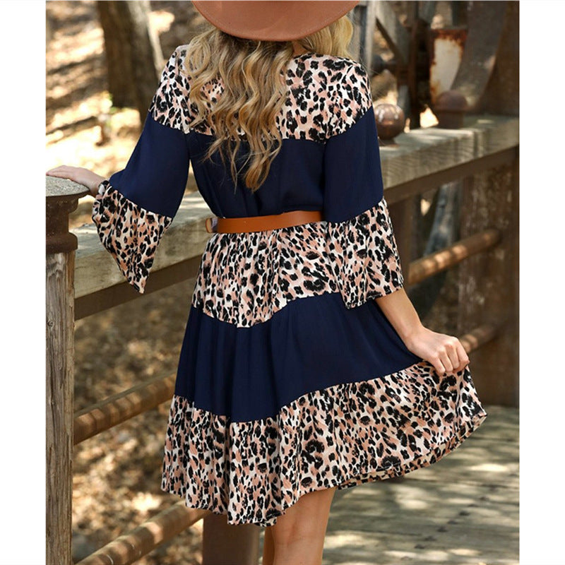 Printed Round Neck Pullover Bell Sleeve Dress
