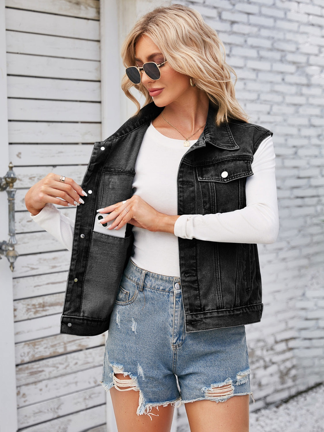 Button Up Cap Sleeve Denim Jacket with Shorts
