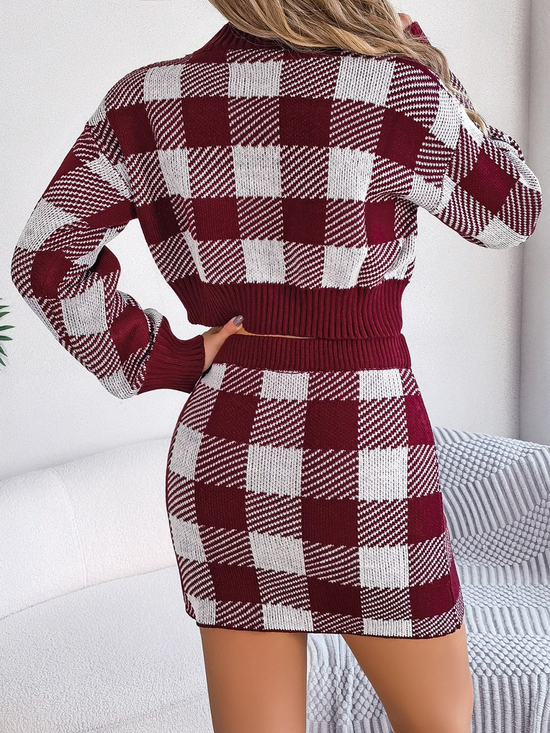 Trendy Tartan Plaid Round Neck Top & Skirt Sweater Set