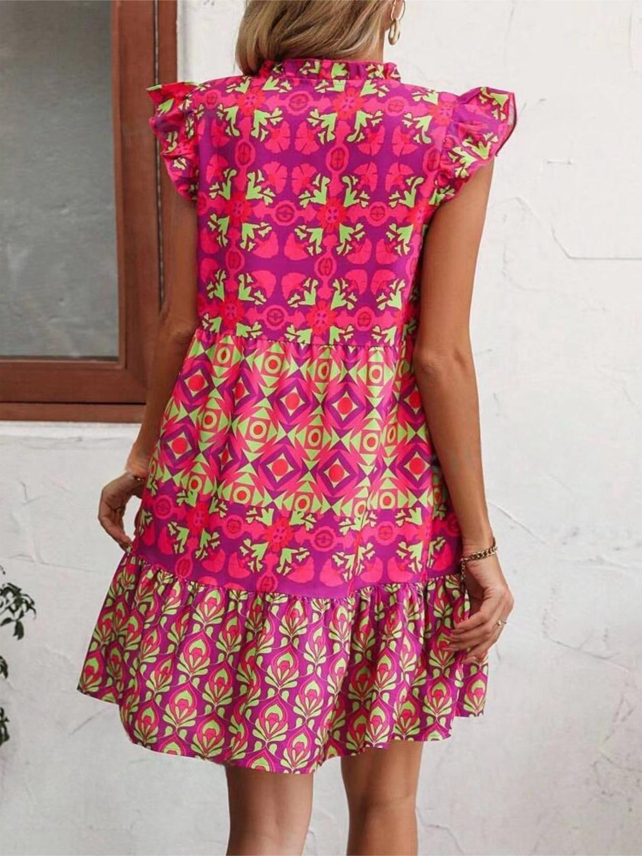 Hot Pink Summer Fashion Lace-up Straight Dresses with V-Neck & Ruffle Flying Sleeves