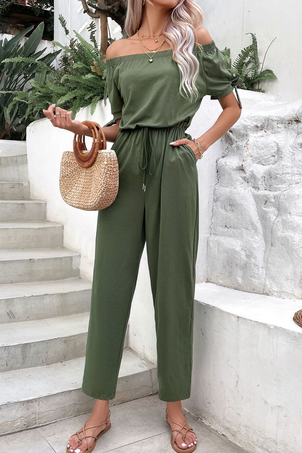 Urban  Fashion Off-Shoulder Tie Cuff Jumpsuit with Pockets