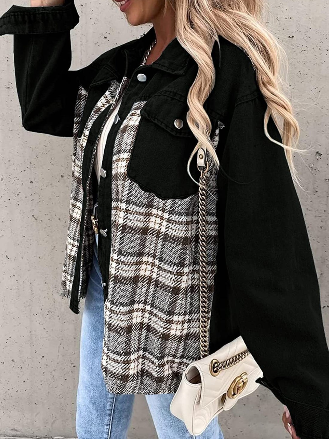 Black White Plaid Button Up Dropped Shoulder Denim Jacket